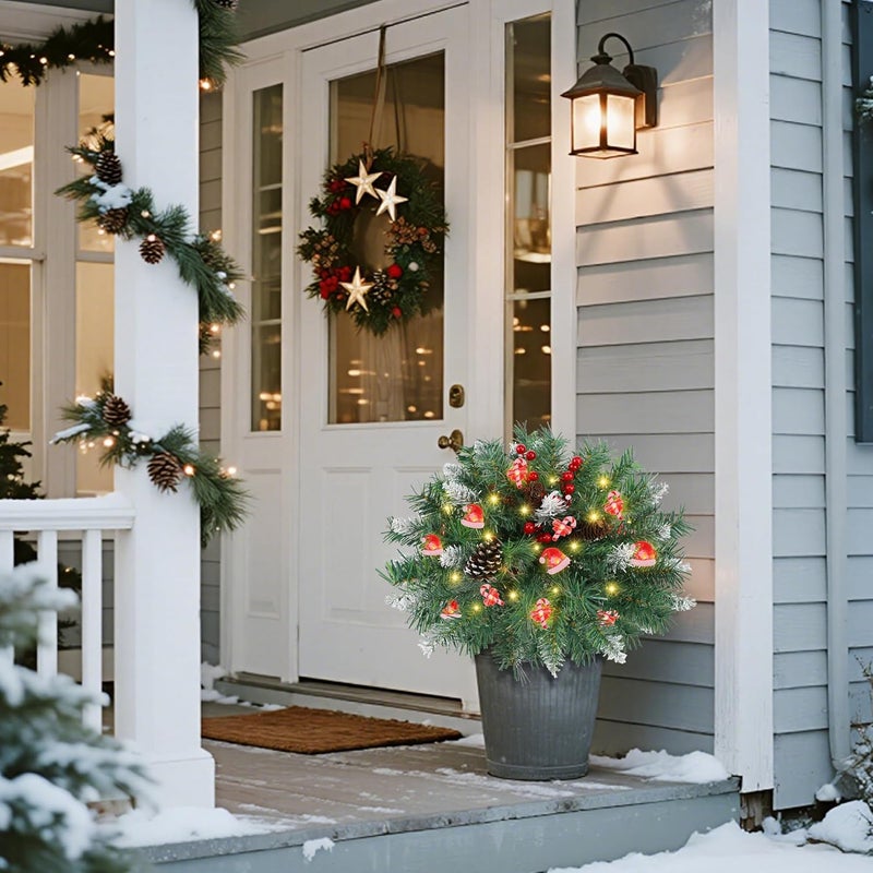 Dr.DuDu 15 Inch Outdoor Christmas Decorations Urn Filler for Front Porch- Lighted Christmas Pot Fillers with Stake, Xmas Pine Trees with Timer for Outside Home Décor - Image 4